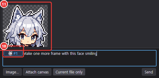 Hovering the image chip (#1) in the input box shows a small preview