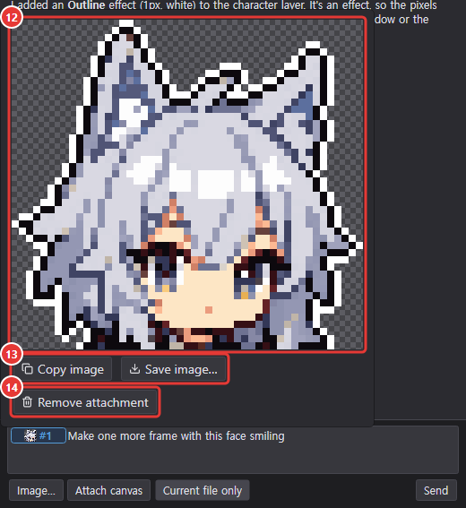 Clicking the image chip shows the image large with Copy image, Save image… and Remove attachment buttons