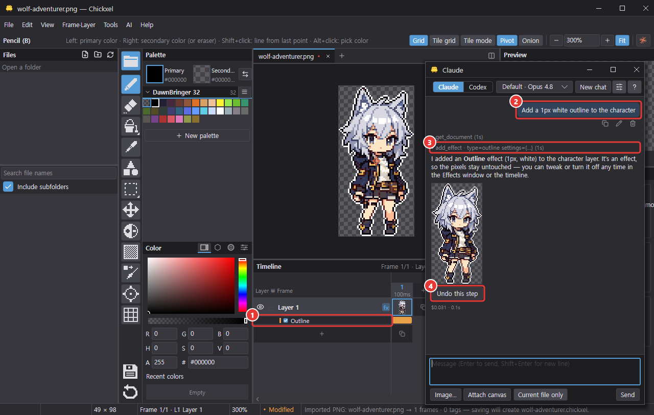 A turn where the AI added an outline effect, and the effect row in the timeline