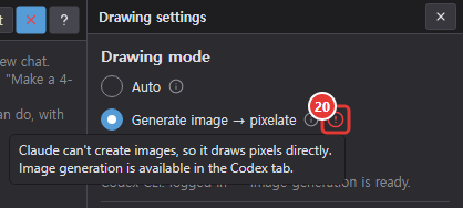 Drawing settings in the Claude tab: the red alert icon next to Generate image and its tooltip