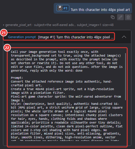 The Generation prompt card expanded in a turn asking to turn an attached picture into 48 px pixel art