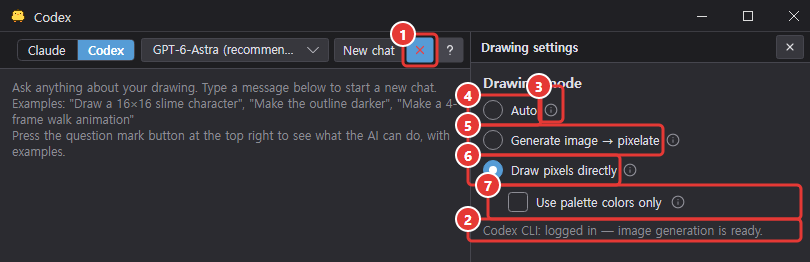 The drawing settings panel opened in the Codex tab (Draw pixels directly chosen)