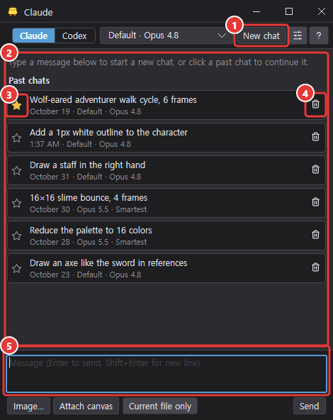The past chats list after pressing New chat: a starred favorite on top, each row with title, date, model and trash icon