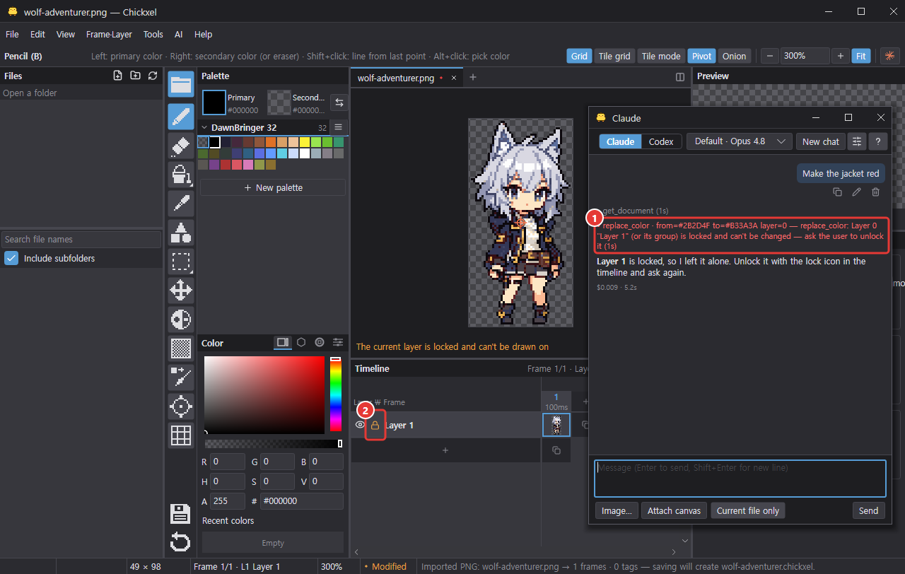 A tool call refused because the layer is locked in the timeline