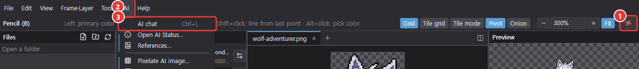 The top bar with the AI menu open: AI chat button, AI menu and the AI chat (Ctrl+L) item