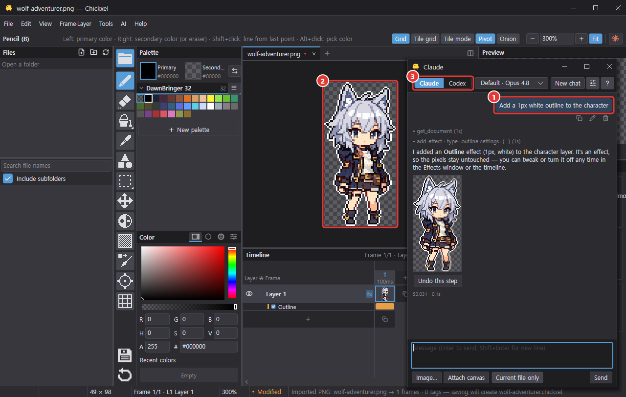 Asking the AI chat to "Add a 1px white outline to the character" and the outline appearing on the canvas