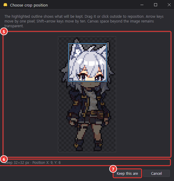 The Choose crop position window: the highlighted outline on the source preview, the size and position to keep, and Keep this area