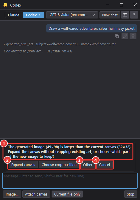 The question card shown before inserting a generated image larger than the canvas: the question, Expand canvas and Choose crop position, Other, Cancel