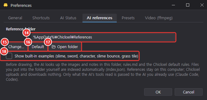 The AI references tab in Preferences