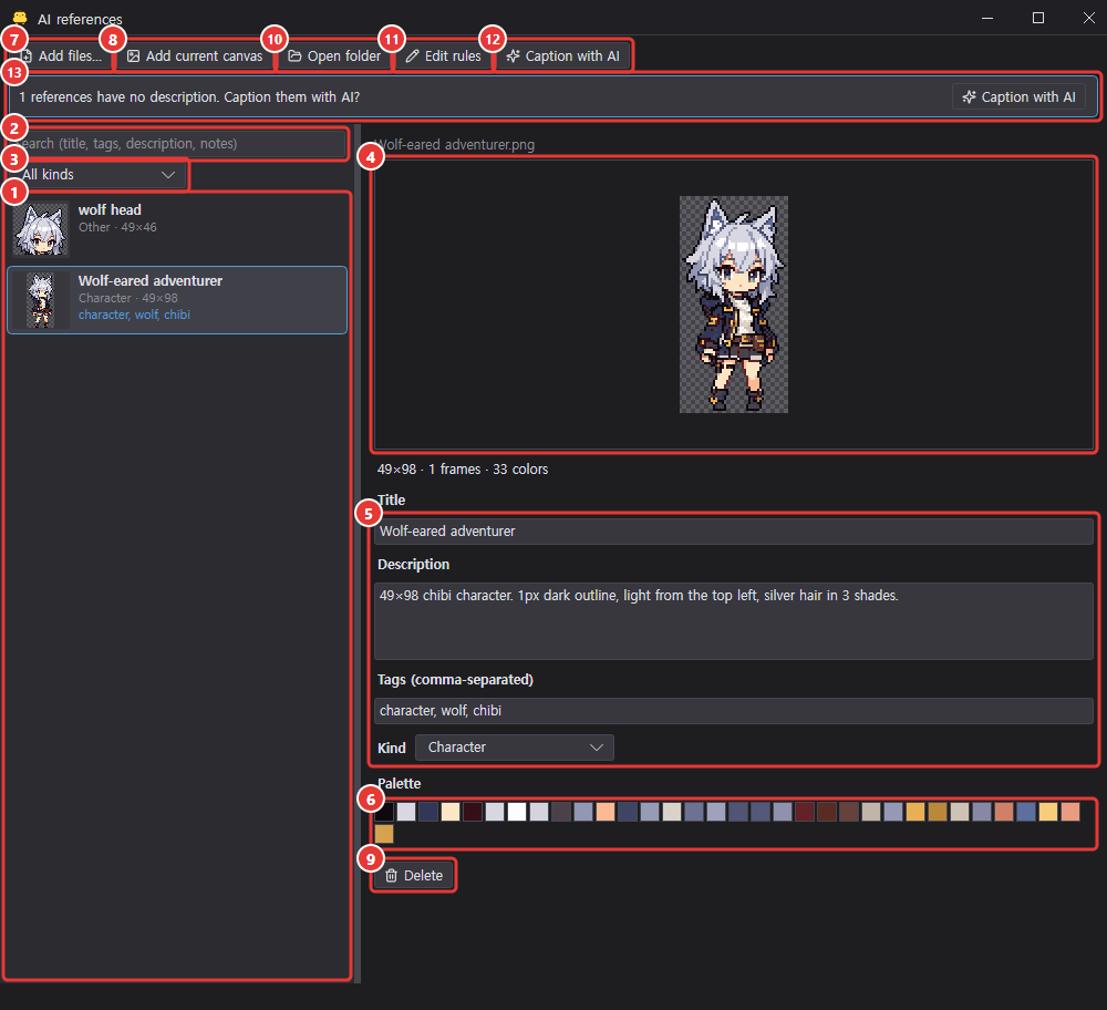 The AI references window: thumbnails, search and kind filter, preview and details, buttons and the missing-description notice