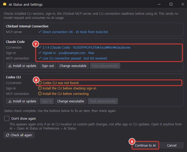The AI Status window shown on first use: Claude Code installed, signed in and the live CLI connection passed, Codex CLI not installed