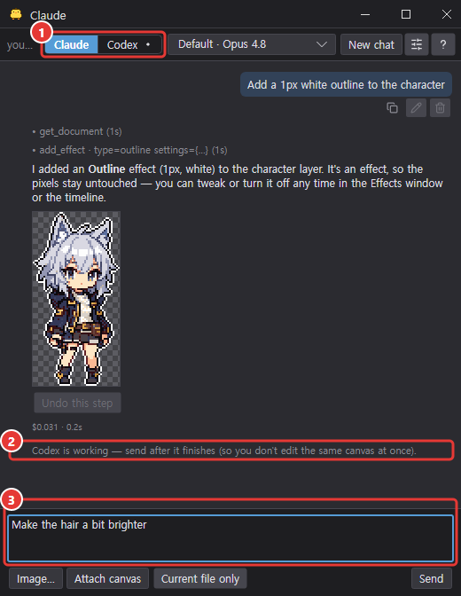 Sending from the Claude tab while the Codex tab is busy: a notice appears and the text stays in the input box