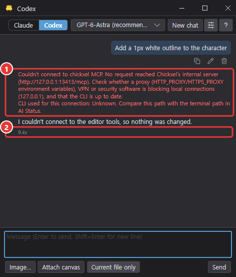 Codex tab: a red line explaining why the editor tools could not be reached, and an end line with only the time
