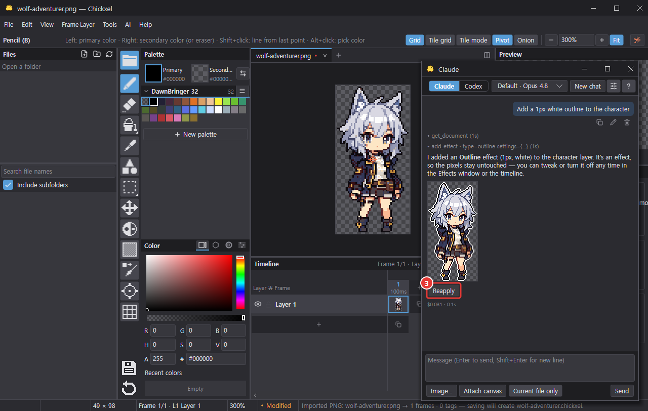 After pressing Undo this step: the outline is gone from the canvas and the button reads Reapply