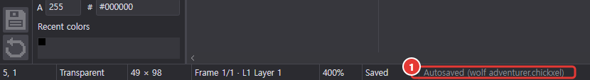 The status bar with the Autosaved message marked 1