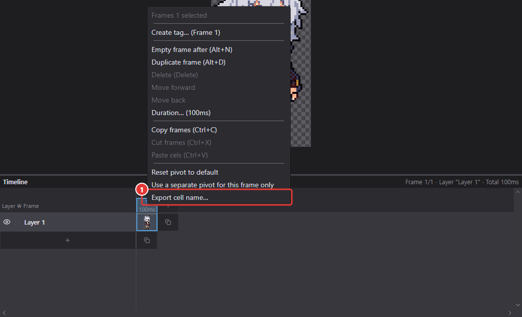 The timeline frame context menu, with Export cell name marked 1