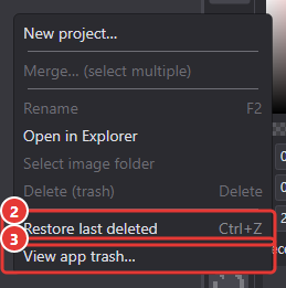 The file list context menu, with Restore last deleted marked 2 and View app trash marked 3