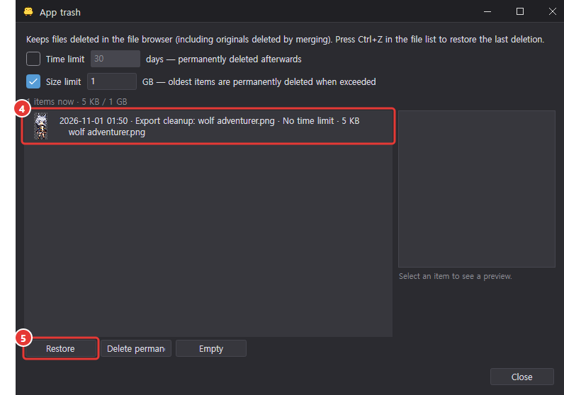 The App trash window, with the old output moved on save marked 4 and Restore marked 5