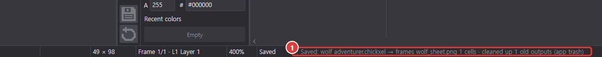 The status bar after saving with a new export name, with the notice about moving the old output to the app trash marked 1