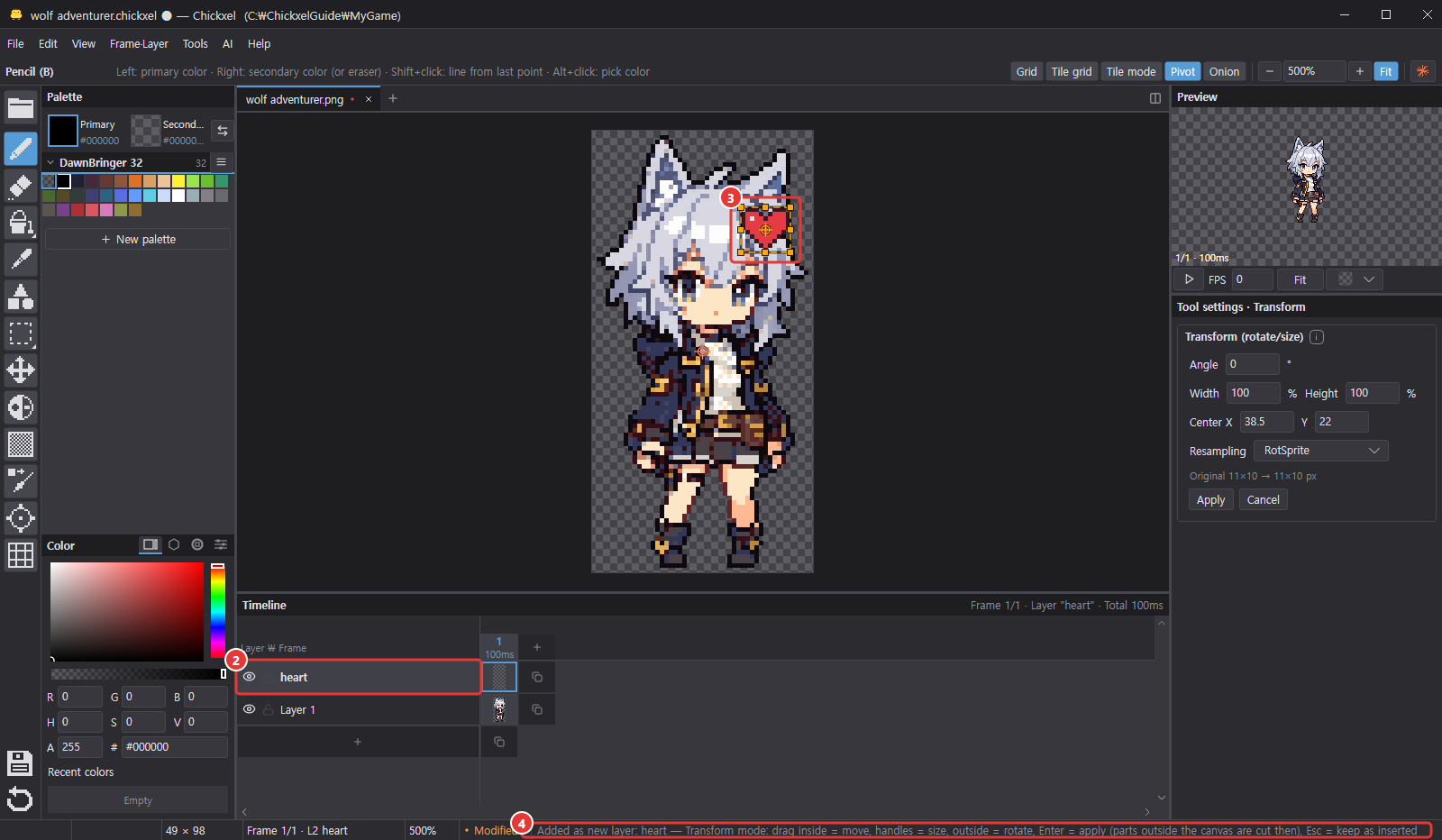 The whole window after dropping a heart image, with the new heart layer, the transform handles and the status bar hint marked 2 to 4