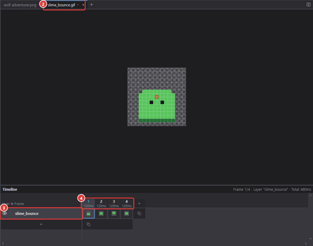 A new document from an animated GIF, with the new tab, the layer named after the file and the four frames marked 2 to 4