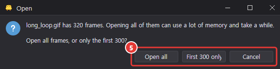 The question shown for an image with more than 300 frames, with its three buttons marked 5