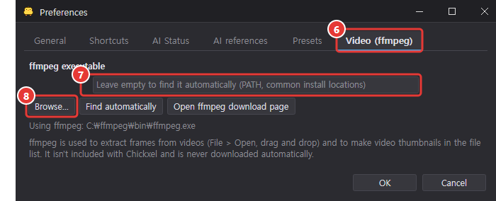 The Video (ffmpeg) tab of Preferences, with the tab, the ffmpeg executable field and Browse marked 6 to 8