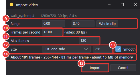 The Import video dialog, with range, frames per second, max frames, size, Smooth, estimate and Import marked 9 to 15