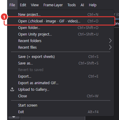 The File menu opened, with Open marked 1