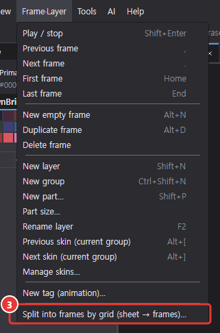 The Frame·Layer menu opened, with Split into frames by grid marked 3