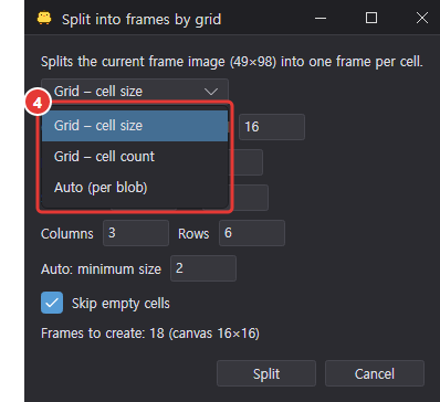 The Split into frames by grid dialog with the method list open, marked 4