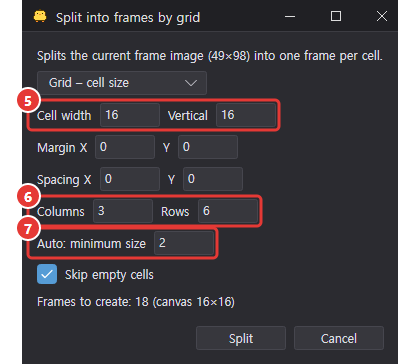 The Split into frames by grid dialog, with the cell size, cell count and auto minimum size rows marked 5 to 7