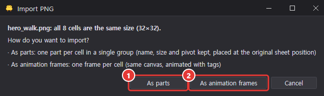 The Import PNG dialog, with As parts marked 1 and As animation frames marked 2