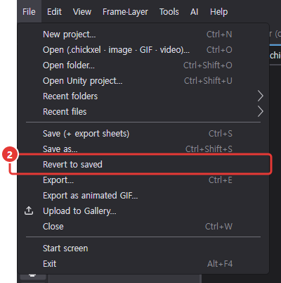 The File menu opened, with Revert to saved marked 2