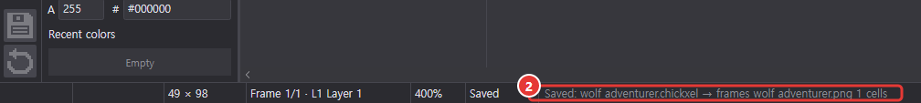 The status bar after saving, with the message about the saved file and exported sheet marked 2