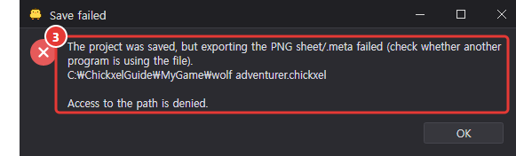 The Save failed dialog, with the message that the project was saved but the sheet export failed marked 3