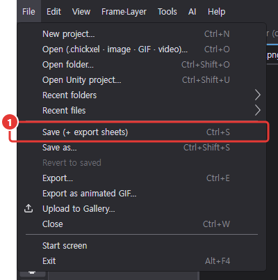 The File menu opened, with Save (+ export sheets) marked 1