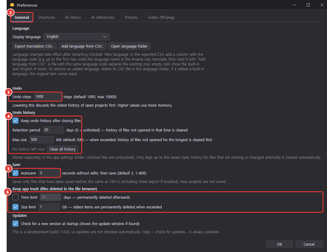 The General tab of Preferences, with the tab, undo steps, undo history, autosave and app trash retention marked 2 to 6