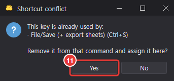 The shortcut conflict question, with Yes marked 11