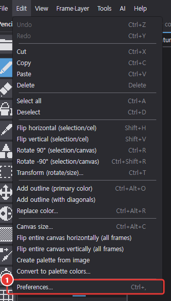 The Edit menu opened, with Preferences marked 1