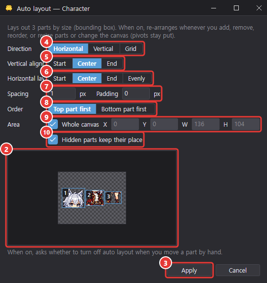 Auto layout dialog: direction, alignment, distribution, spacing and padding, order, area and hidden-parts settings, with a preview of three parts laid out horizontally and the Apply button
