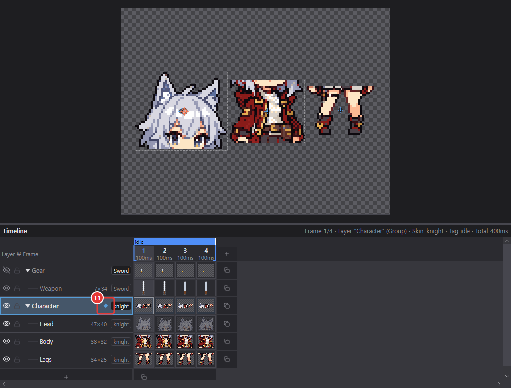 After applying auto layout: Head, Body and Legs laid out horizontally on the canvas, and a diamond mark left of the skin chip on the Character group row