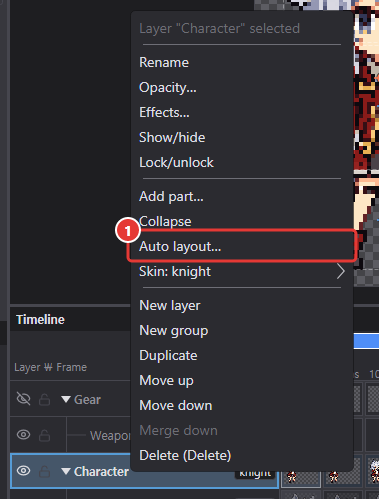 Right-click menu of the Character group in the timeline: Auto layout…