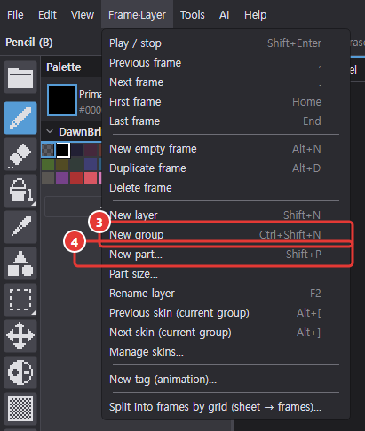 Frame·Layer menu open, showing New group (Ctrl+Shift+N) and New part… (Shift+P)