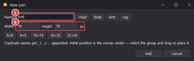 New part dialog: name field (Arm) with quick name buttons, width and height fields with quick size buttons