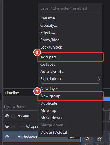 Right-click menu of the Character group in the timeline: Add part… and New group