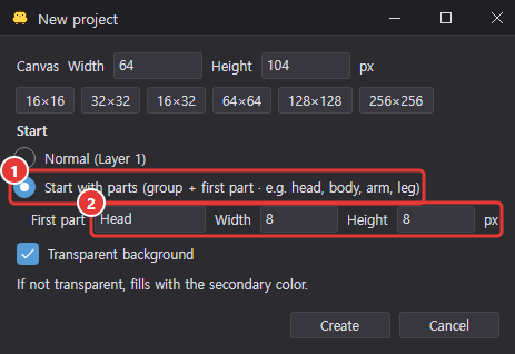 New project dialog: Start with parts chosen, with the first part's name, width and height fields enabled below it