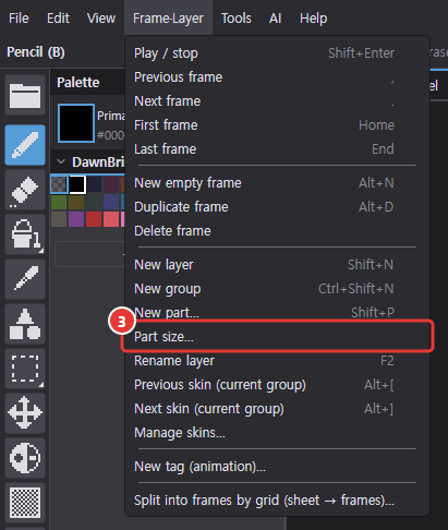 Frame·Layer menu open, showing Part size…