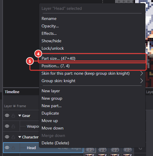 Right-click menu of the Head part in the timeline: Part size… (47×40) and Position… (7, 4)