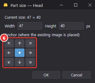 Part size dialog: current size, width and height fields, and a 3×3 grid of arrow buttons for the anchor